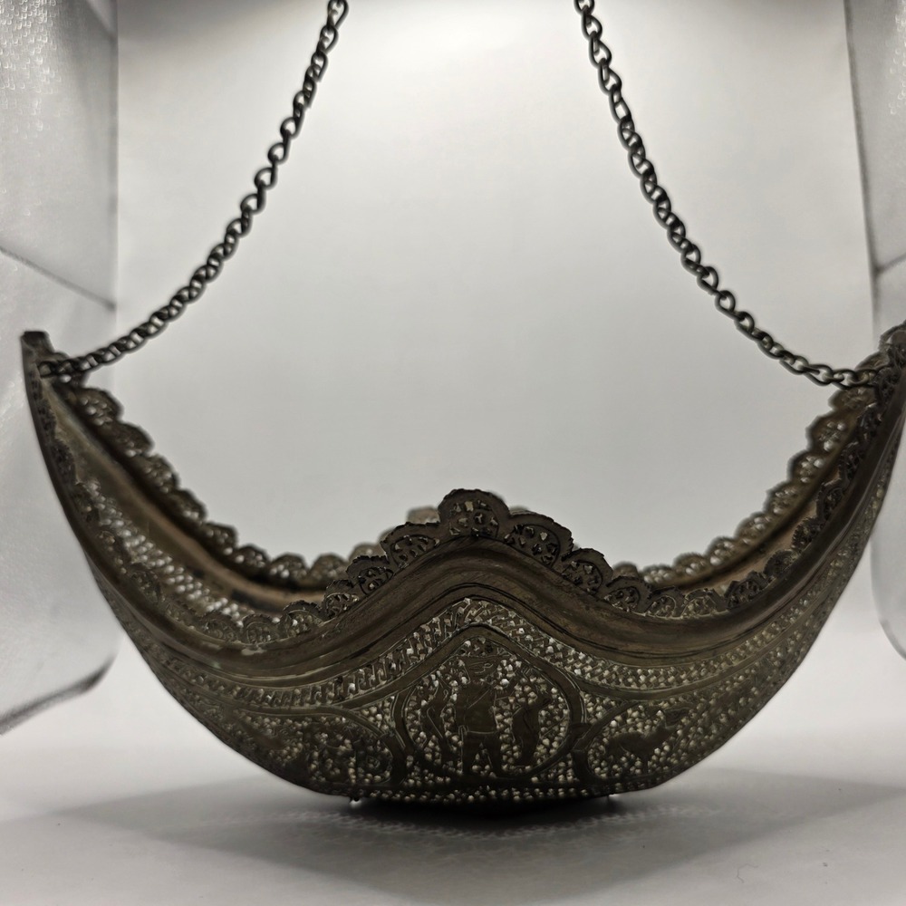 Hanging Indo-Persian Kashkul Beggars Bowl Filigree Metal Etched Hanging Vessel - Picture 2 of 10